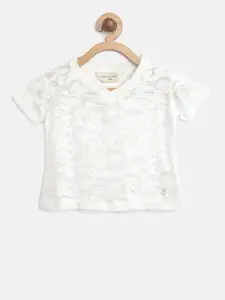 Gini and Jony Girls Off-White Self-Design V-Neck T-shirt