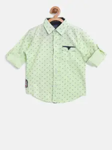 Palm Tree Boys Green & Blue Regular Fit Printed Casual Shirt