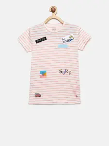 Gini and Jony Girls White & Pink Striped Round Neck T-shirt