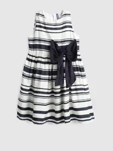 YK Girls Navy Blue & Off-White Striped Fit and Flare Dress