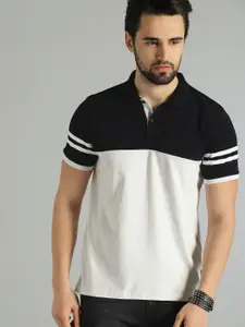 The Roadster Lifestyle Co Men Black  White Colourblocked Polo Collar Pure Cotton T-shirt