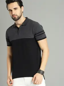 The Roadster Lifestyle Co Men Charcoal Grey  Black Colourblocked Polo Collar Pure Cotton T-shirt