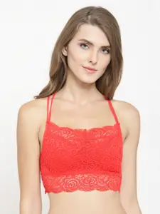 Quttos Red Lace Non-Wired Lightly Padded Bralette Bra QT-SB-5126