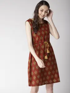 Antheaa Women Rust Red & Mustard brown Printed A-Line Dress