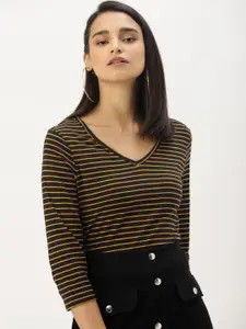 DressBerry Black & Mustard Yellow Striped Pure Cotton Top