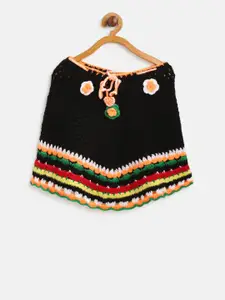 CHUTPUT Girls Black & Orange Open Knit Poncho
