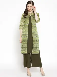 AURELIA Women Green Kurta with Palazzos & Ethnic Jacket