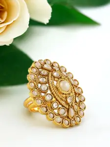 AccessHer Women Gold-Toned & White Pearl Stone-Studded Ring