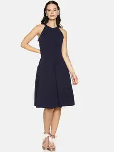 AARA Women Navy Blue Self Design Fit and Flare Dress