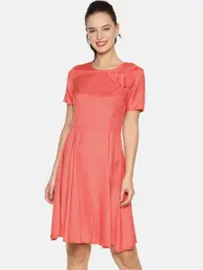 AARA Women Peach-Coloured Solid Fit and Flare Dress