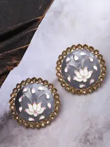 Priyaasi Gold-Plated & Grey Hand Painted Circular Drop Earrings Studs
