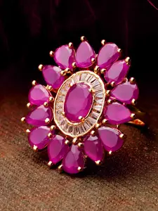 Priyaasi Gold-Plated & Magenta Handcrafted American Diamond Studded Adjustable Finger Ring