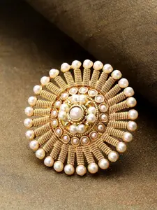 Priyaasi Gold-Plated & Off-White Handcrafted Beaded Adjustable Finger Ring