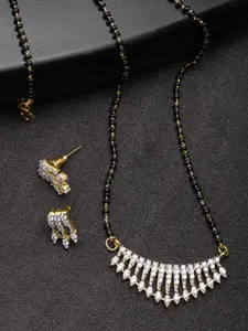 Priyaasi Black Gold-Plated American Diamond Studded Mangalsutra with Earrings Set