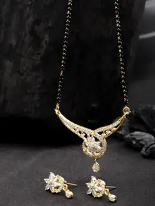 Priyaasi Black Gold-Plated American Diamond Mangalsutra with Earrings Set