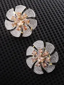 Priyaasi Peach-Coloured Gold-Plated American Diamond Studded Floral Studs