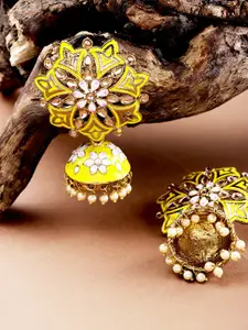 Priyaasi Yellow Gold-Plated Enamelled Handcrafted Stone-Studded Floral Jhumkas