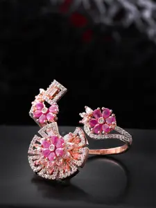Priyaasi Pink Rose Gold-Plated CZ-Studded Handcrafted Adjustable Dual Finger Ring
