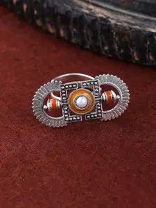 Voylla Women Oxidised Silver-Plated Enamelled Adjustable Finger Ring