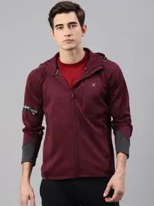 HRX by Hrithik Roshan Men Burgundy Solid Hooded Rapid-Dry Running Front-Open Sweatshirt