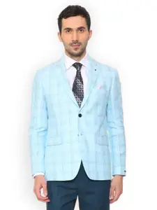 Louis Philippe Men Blue Checked Slim-Fit Single-Breasted Blazer