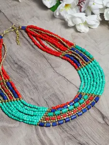 Moedbuille Turquise Blue & Red Gold-Plated Beaded Handcrafted Layered Necklace