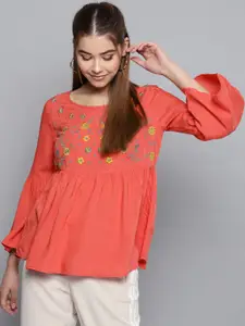STREET 9 Women Coral Orange Embroidered A-Line Top