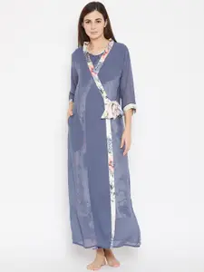 Sweet Dreams Off-White & Blue Floral Printed Nightdress with Robe