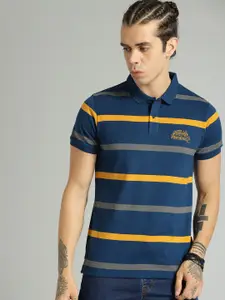Roadster Men Navy Blue  Yellow Striped Polo Collar Pure Cotton T-shirt