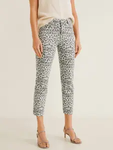 MANGO Women Off-White & Charcoal Grey Slim Fit Mid-Rise Animal Print Cropped Jeans