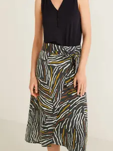 MANGO Women Black & White Printed Midi Wrap Skirt