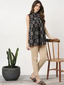 Sangria Women Navy & Off-White Printed A-Line Pure Cotton Top