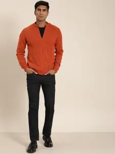INVICTUS Men Rust Orange Self Design Cardigan Sweater