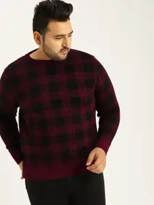 Sztori Plus Size Men Maroon  Black Checked Sweater