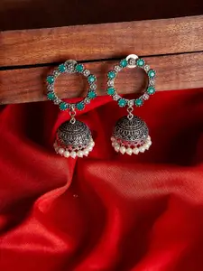 PANASH Silver-Plated & Green Dome Shaped Oxidised Jhumkas