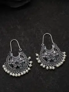Voylla Oxidised Silver-Plated & Black Crescent Shaped Hoop Earrings