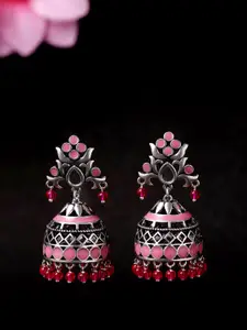 Voylla Oxidised Silver-Plated & Pink Dome Shaped Jhumkas
