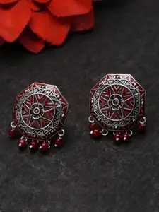 Voylla Oxidised Silver-Plated & Red Geometric  Oversize Studs