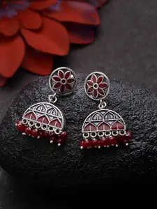 Voylla Silver-Toned & Red Dome Shaped Jhumkas