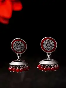 Voylla Oxidised Silver-Plated & Red Circular Jhumkas