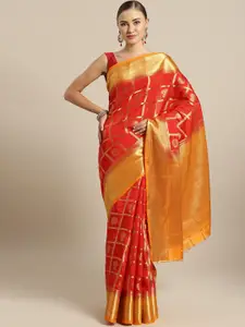 Saree mall Red & Golden Checked Banarasi Saree