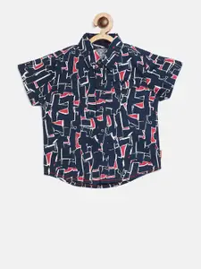 Palm Tree Boys Navy Blue & Red Regular Fit Printed Casual Shirt