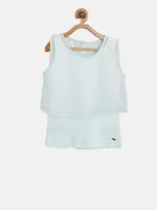 Palm Tree Girls Sea Green and White Printed Layered Styled Back Top