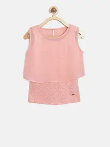 Palm Tree Girls Peach-Coloured Printed Layered Styled Back Top