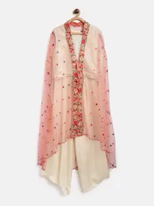Biba Girls Off-White & Peach-Coloured Embellished Top with Solid Palazzos & Ethnic Jacket