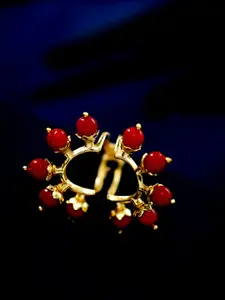 Voylla Women Gold-Plated & Red Beaded Adjustable Finger Ring