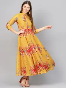 Biba Mustard Yellow & Red Floral Printed Cotton Maxi Dress