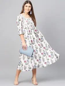 Biba Off-White & Pink Floral Printed A-Line Dress