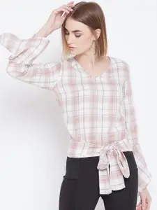Belle Fille Women Peach-Coloured & Off-White Checked Top