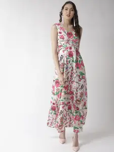 MISH Women White & Pink Floral Print Maxi Dress